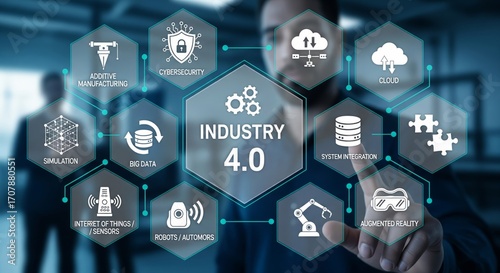 Industry 4.0 Hexagonal Interface with Large Icons — IoT, Robotics, Big Data, Cybersecurity, Cloud