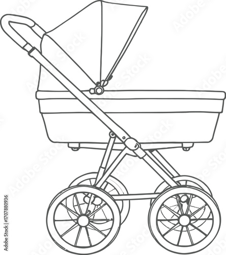 Baby stroller line drawing with canopy, bassinet seat, and wheels, ideal for parenting, childcare, and product design