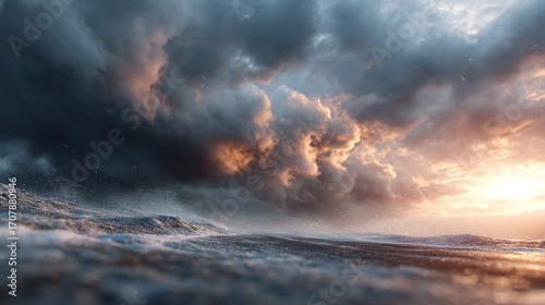Majestic ocean landscape at sunset with dramatic stormy clouds overhead