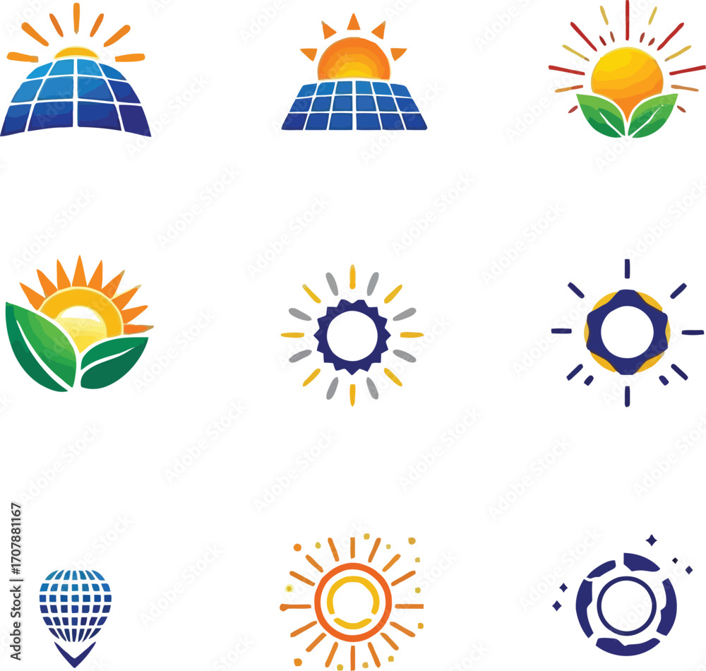 Obraz premium Colorful solar energy icons set featuring sun, leaves, panels, gear, balloon, and abstract eco-friendly symbols