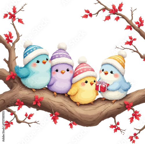 Festive birds on autumn branch wearing winter hats with gift box, colorful seasonal illustration for holiday themes