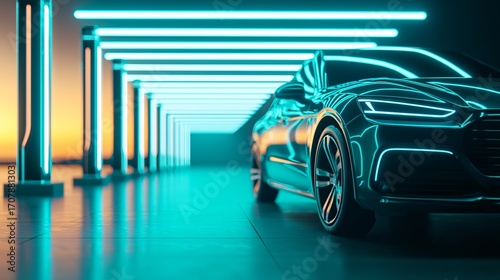 Green Hydrogen Refueling Station illuminated with eco-friendly blue lights and fuel cell vehicles.