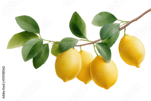 Fresh lemon branch with vibrant green leaves on black background, cut out