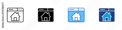 Web Home Multiple Style Icon Design Vector - House inside a web browser window, representing online real estate or digital housing platform