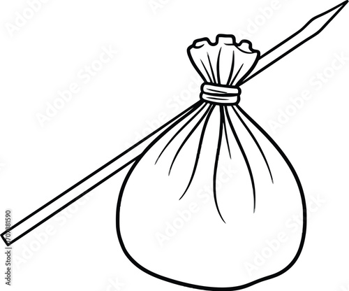 A simple drawing of a hobo's bindle on a stick, ready for travel.