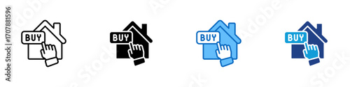 Home Buy Multiple Style Icon Design Vector - House with a hand pressing a “BUY” button, symbolizing online property purchase or real estate investment