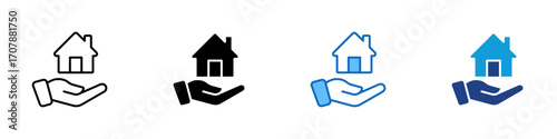 House Care Multiple Style Icon Design Vector - Hand holding a house, representing real estate care, protection, and property support