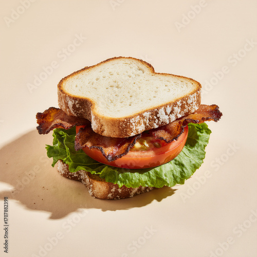 BLT sandwich on toasted bread with bacon, lettuce, and tomato on a light beige background, three-quarter studio shot with a soft grounded shadow