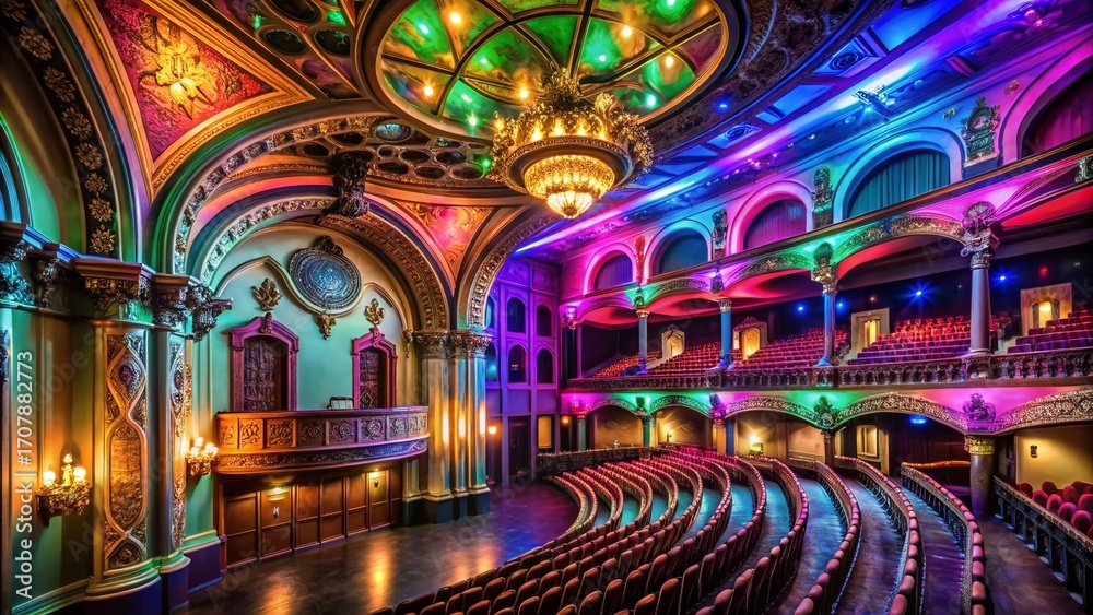 Obraz premium Restored Historic Theater: Matte Black Plaster & Neon Lights