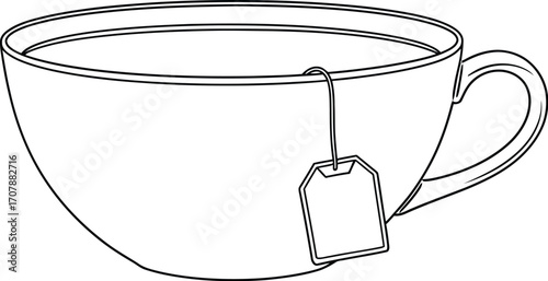 Simple line drawing of a steaming cup of tea with a tea bag