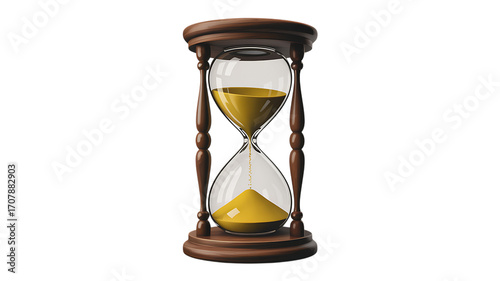 Vintage wooden hourglass with golden sand, classic sand timer for time management, antique glass sandglass isolated on white background PNG