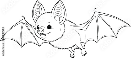 Cute cartoon bat with wings spread in flight, ready for coloring