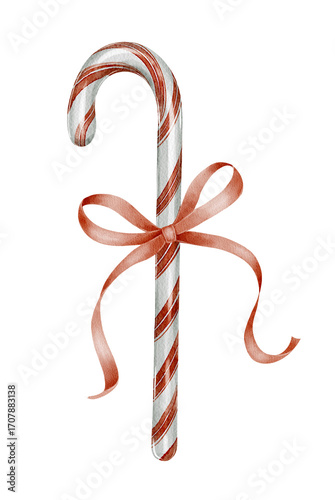 Hand-drawn watercolor illustration of red and white Christmas candy cane with festive ribbon bow on white background. Perfect for postcards, invitations, packaging, holiday design and seasonal decor.