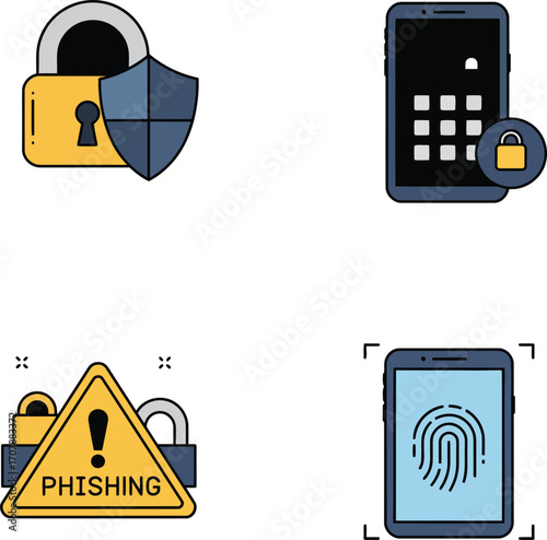 Vector art of cybersecurity icons showing security measures and authentication on a transparent background