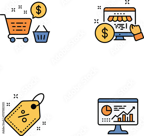 Vector art of online shopping and ecommerce icons for business on a transparent background