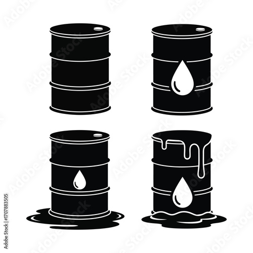 Black Oil Barrel Vector Icons Set with Spill and Drop Illustration