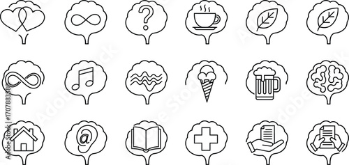 Collection of line art icons representing diverse thoughts and interests within a brain silhouette.