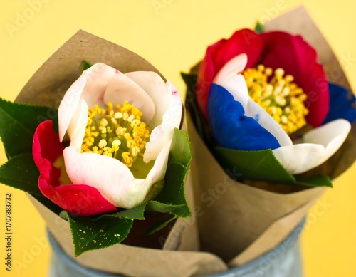 Two colorful flowers in kraft paper