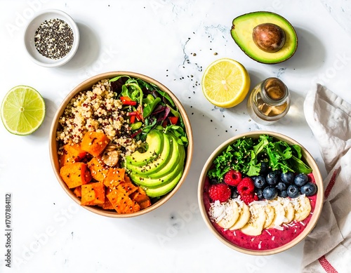 Two colorful healthy bowls, featuring quinoa, sweet potato, avocado, and smoothie