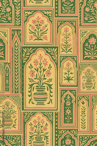 Mughal arch panel collage with floral urns and vine strips in pistachio and blush
