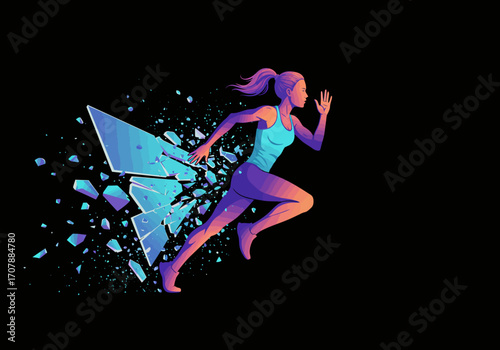 Dynamic Female Runner Breaking Barrier with Explosive Speed.