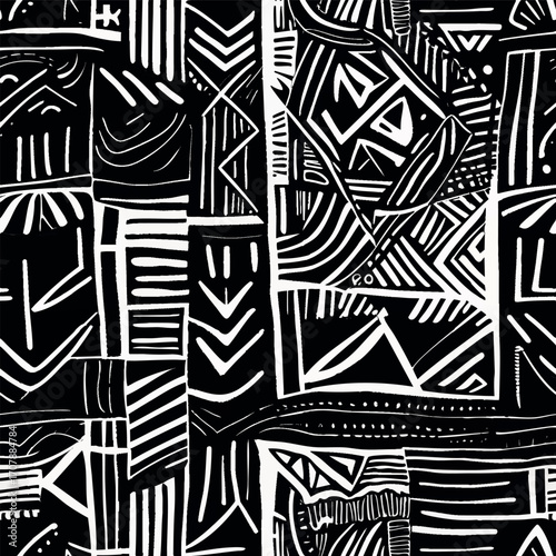 A bold black and white abstract African mud cloth inspired vector pattern featuring tribal and geometric motifs featuring intricate lines and shapes.