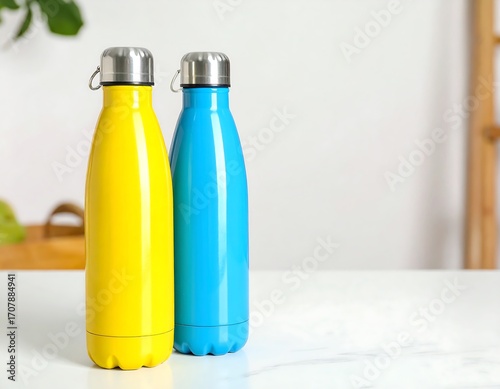 Two colorful insulated water bottles on a table