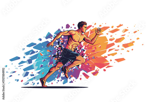 Dynamic illustration of a man sprinting with colorful abstract energy burst.