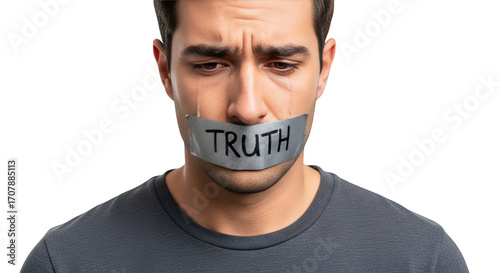 Mans Mouth Sealed with Tape Word Truth detailed illustration featuring sadness, duct tape, powerless,