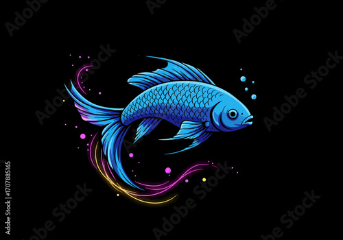 Vibrant blue fish with colorful glowing trails.