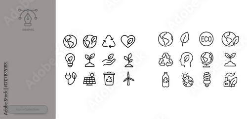 Various eco-friendly icons are displayed, including symbols of recycling, renewable energy, and nature. The design emphasizes sustainability and environmental consciousness