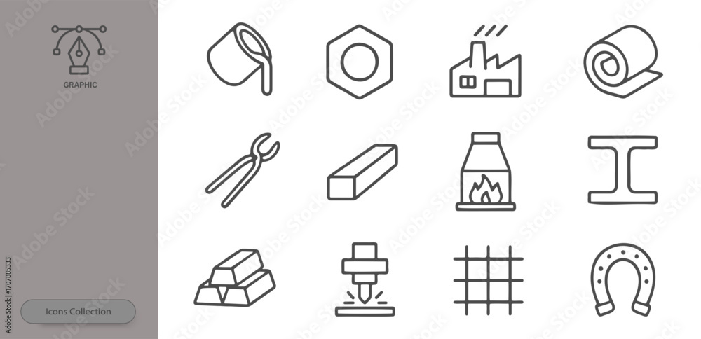 Various icons represent construction and manufacturing tools and materials, including pliers, rolls of material, factory buildings, and more, all in a minimal outline style