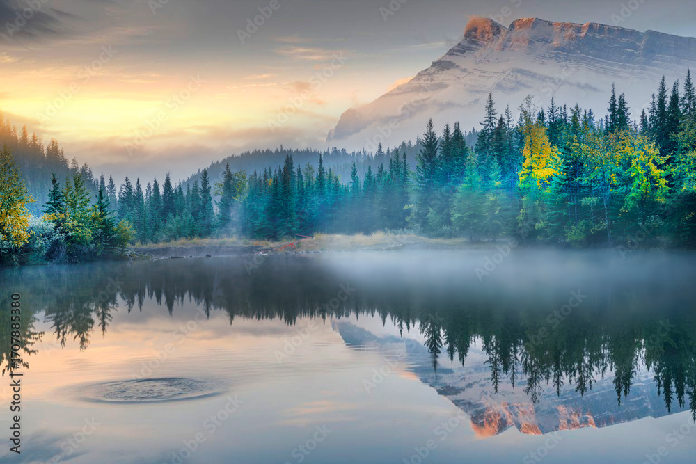 Fototapeta premium Beautiful Lake Minnewanka, Canada, showcasing tranquil water, evergreen trees, mountain peaks, and sunrise sky. Ideal for nature wallpaper, travel marketing, adventure tourism.