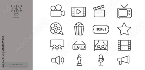 Various icons representing the world of film are displayed, including a video camera, film reel, popcorn, movie tickets, and more, showcasing elements of theater and cinematography