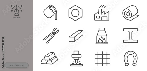 Various icons represent construction and manufacturing tools and materials, including pliers, rolls of material, factory buildings, and more, all in a minimal outline style
