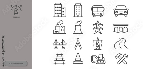 A graphic display features various line icons representing urban and industrial themes, including buildings, vehicles, and construction items, arranged in a neat format