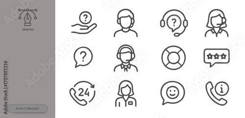 This graphic features various customer service icons, including a question mark, headset, lifebuoy, and phone, representing different aspects of communication and support