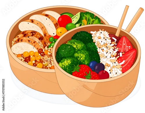 Two colorful lunchboxes with healthy food