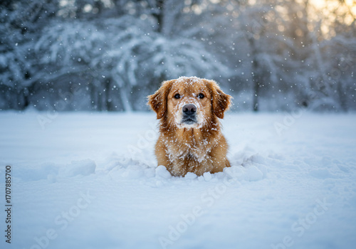 A golden retriever dog sits in deep snow, looking directly at the viewer with a focused expression.