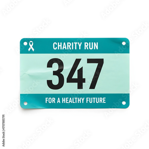 Charity run bib number 347 with teal accents and a ribbon symbol.