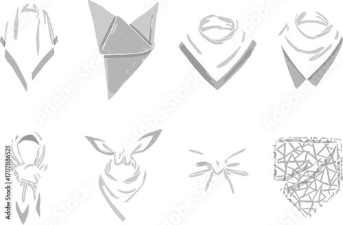 Minimal vector set of scarf and bandana styles, hand-drawn fashion accessories illustration for neckwear design, fabric styling or boutique branding