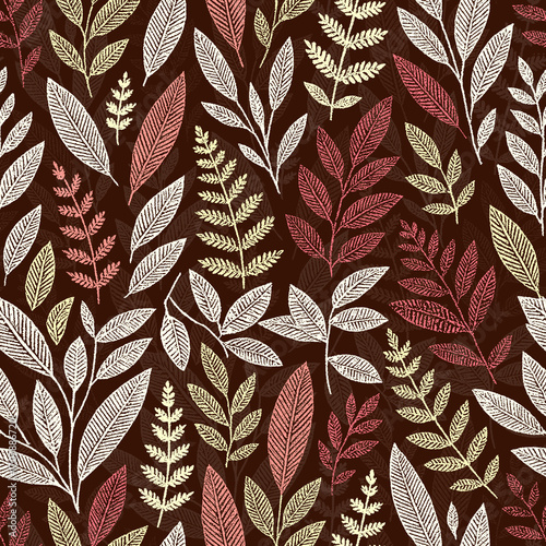 Allover herbarium leaves with reticulate veins in russet taupe on cocoa brown
