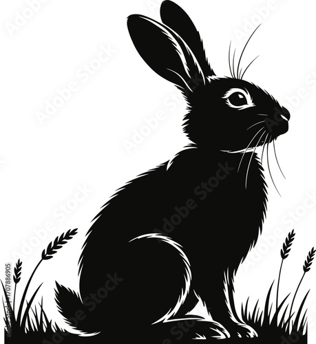 Seated Rabbit Silhouette Illustration Black Design Art in Grass Field Wild Hare Animal Nature Wildlife Graphic