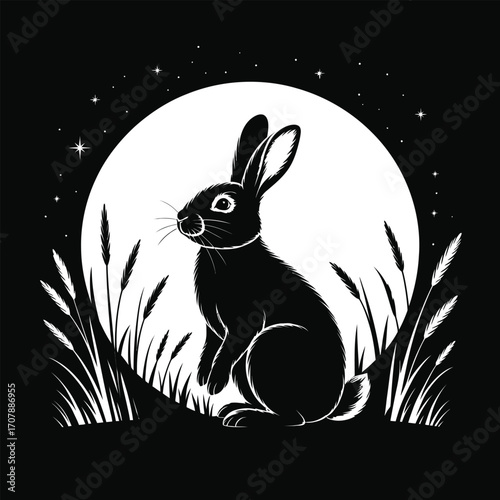Serene Rabbit Silhouette Illustration Black Design Art with Moon and Grass for Peaceful and Natural Depictions