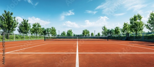 A serene tennis court surrounded by lush greenery under a clear blue sky