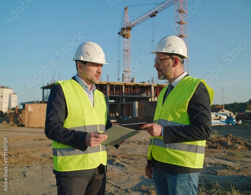 Two construction professionals discuss project details on a construction site