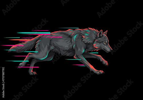 Dynamic Running Wolf with Glitch Speed Effect.