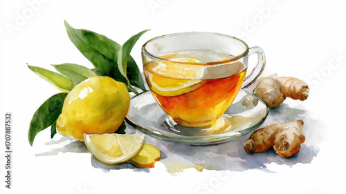 Glass Of Ginger Tea with lemon, watercolor vector, isolated on a white background.