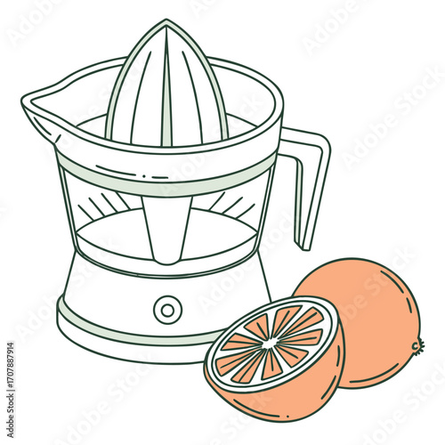 Minimalist flat design of a citrus juicer with an orange slice
