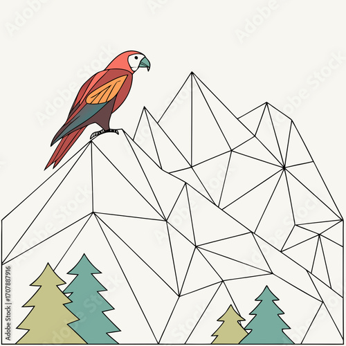 A colorful macaw perches majestically atop a geometric mountain range with stylized pine trees below in a minimalist flat design